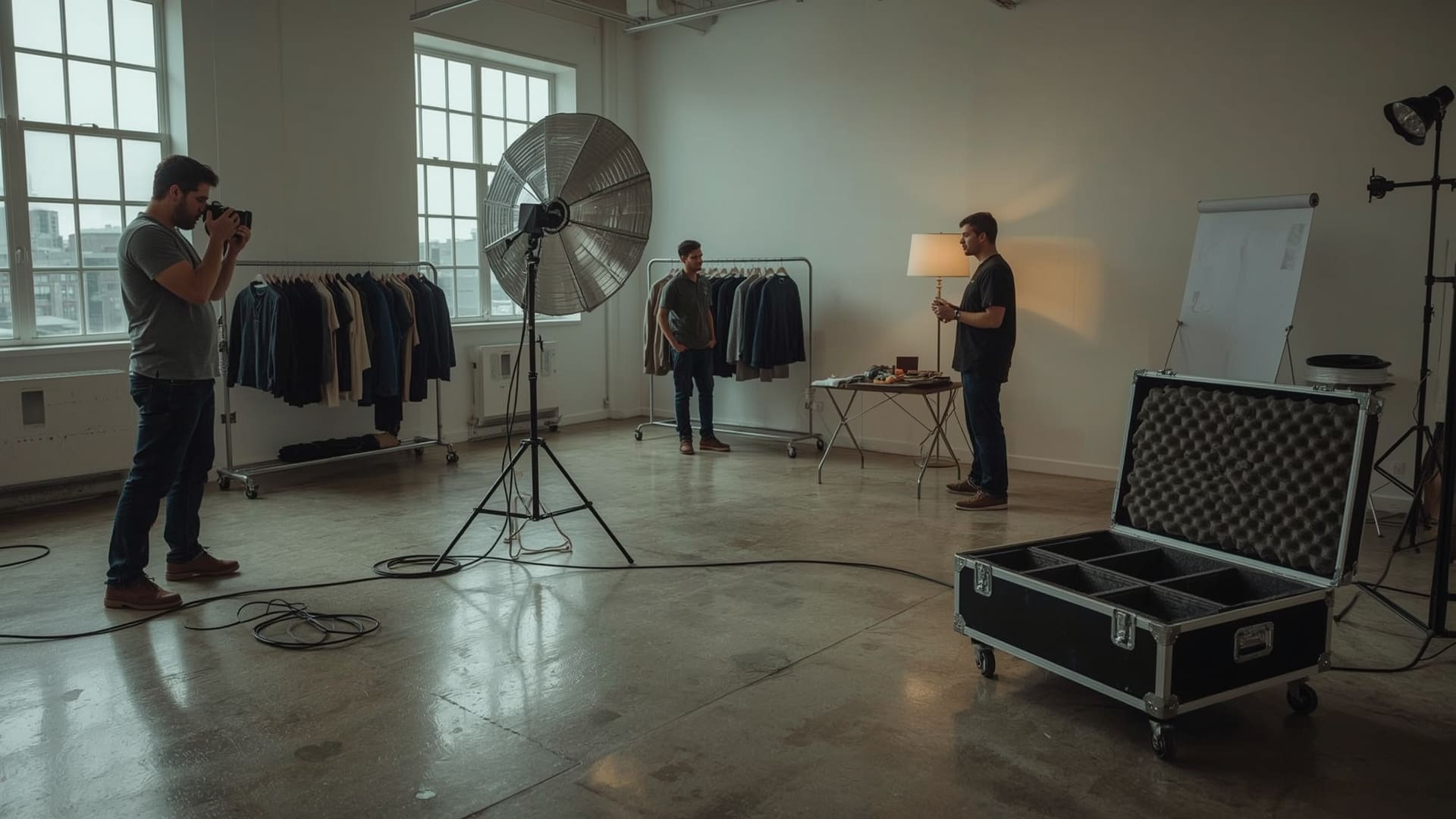 Commercial photo shoot day in Raleigh loft studio with photographer and crew working