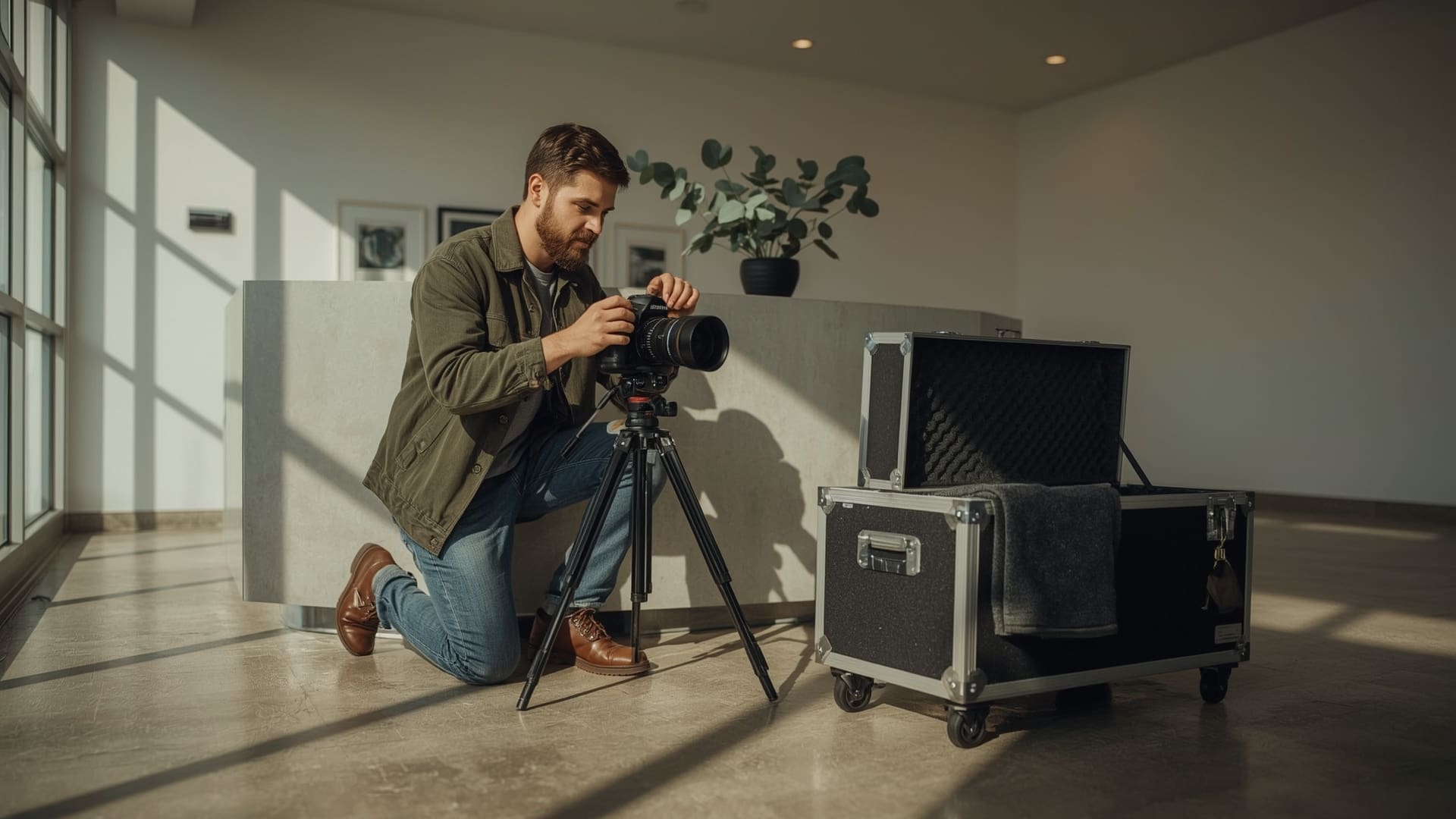Commercial photographer setting up camera equipment inside modern Raleigh business office