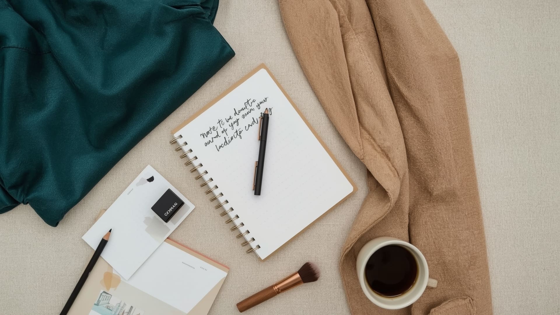 Flat lay of branding session prep items including wardrobe mood board and notebook on linen surface