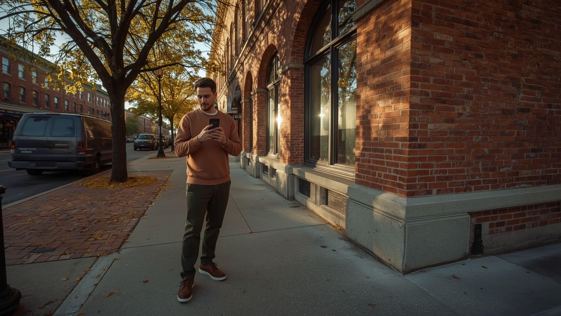 Photographer scouting commercial photo shoot locations on a Raleigh downtown street