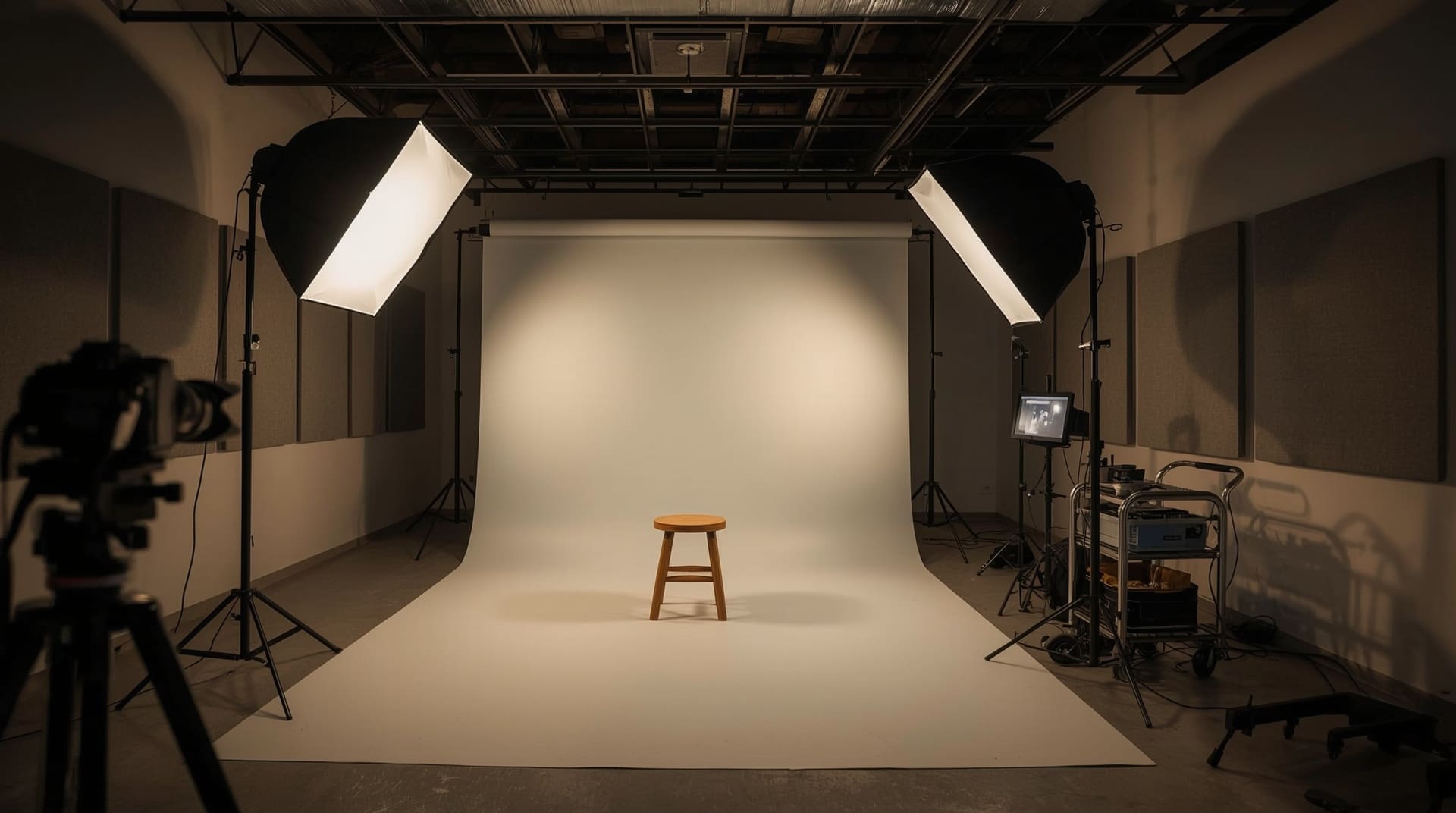 Professional photography studio with softbox lighting and gray backdrop setup