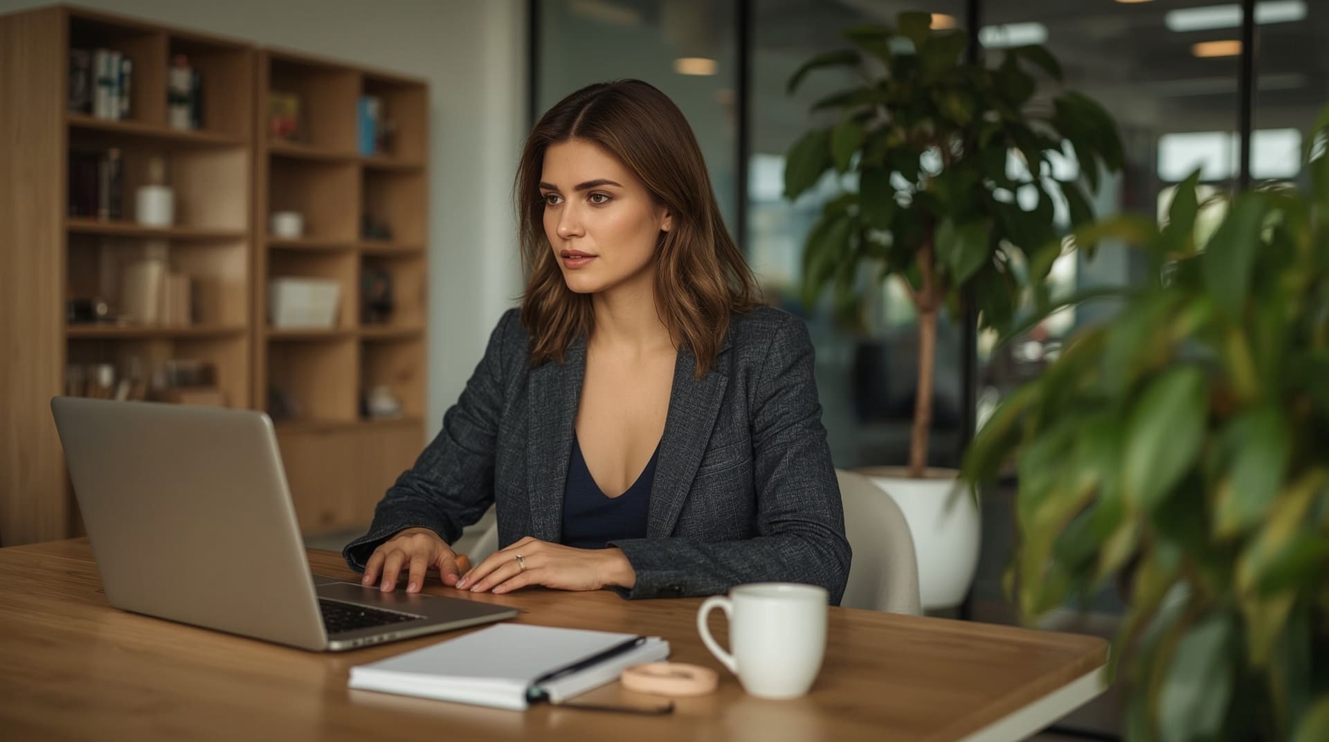 Professional woman reviewing LinkedIn profile photo on laptop in modern Raleigh office