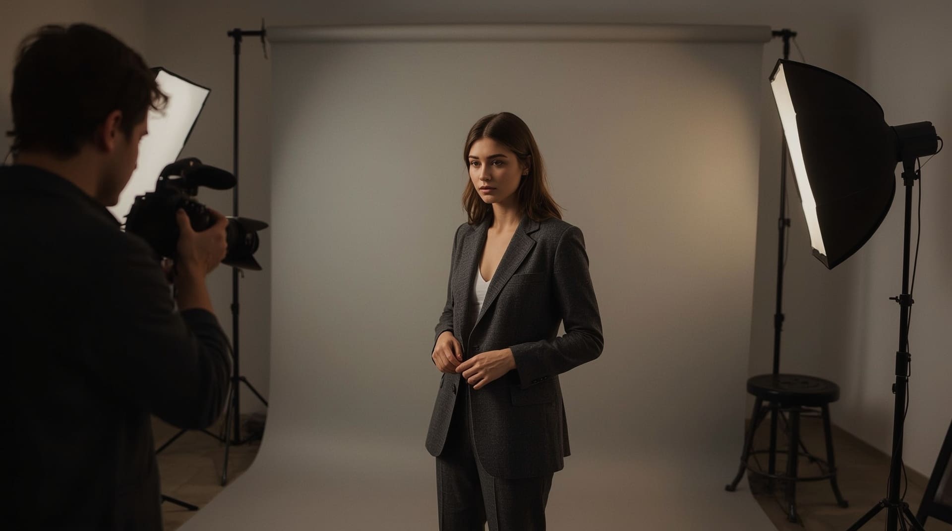 Person posing in photography studio during professional headshot session with photographer directing