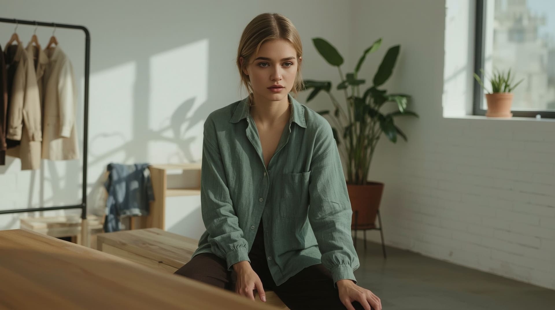 Person sitting calmly before headshot session with composed confident relaxed expression