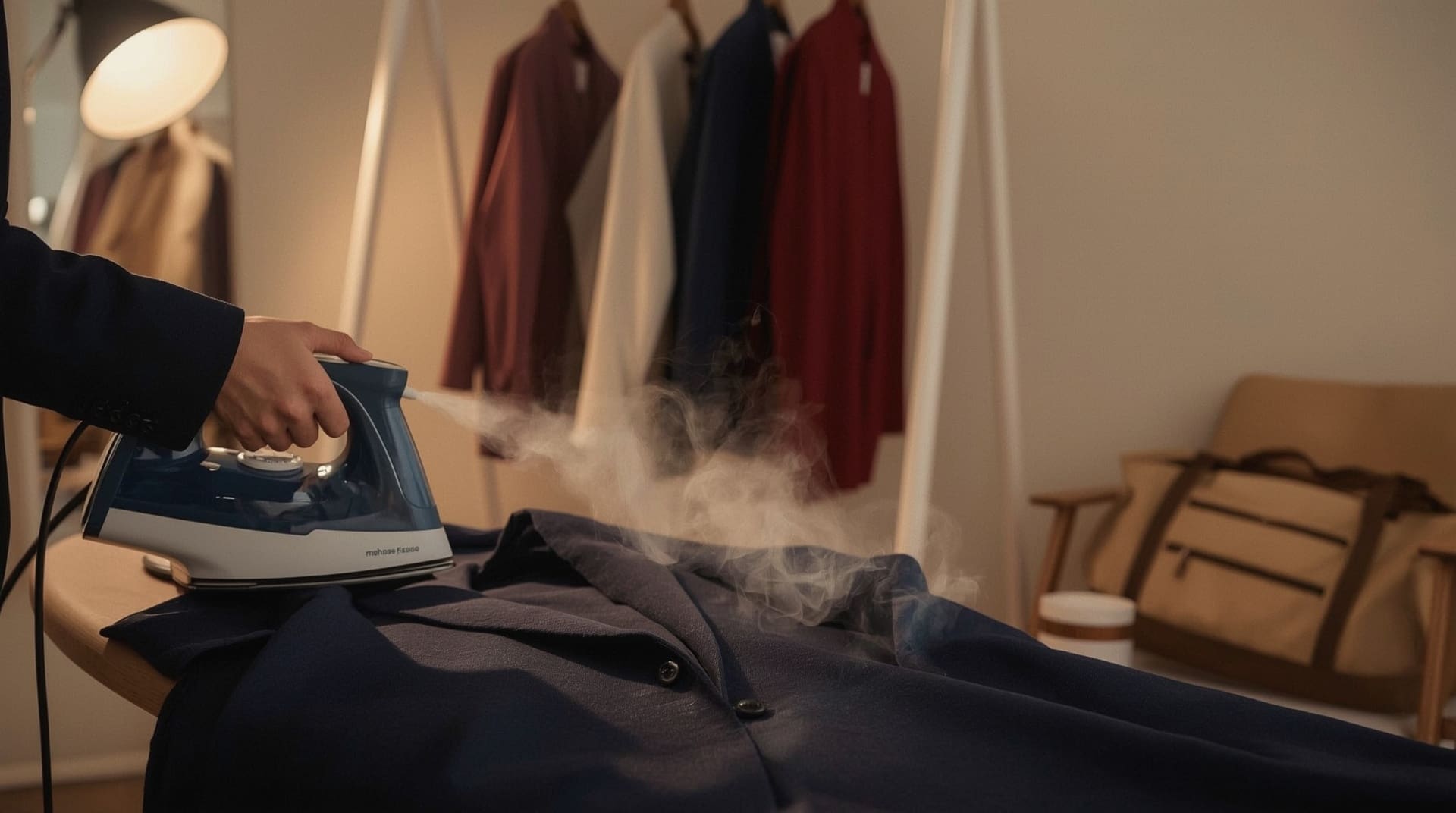 Person steaming navy blazer while preparing outfit options for headshot photography session